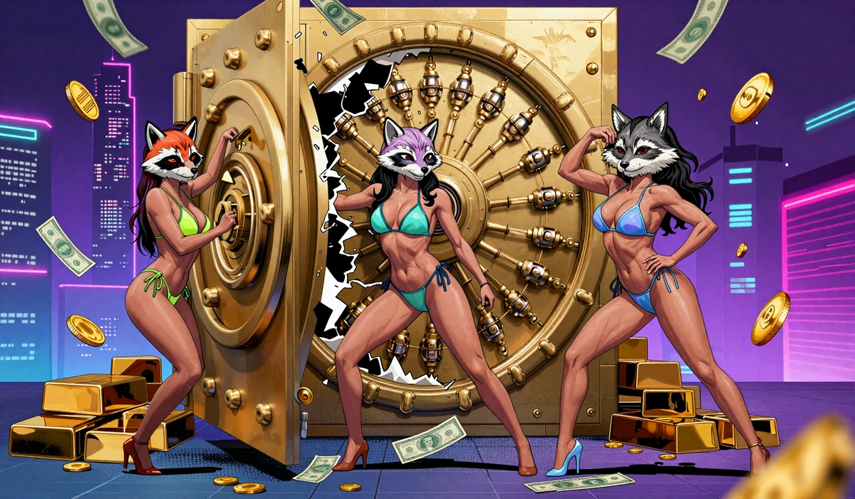 Vavada Krypto Casino: M&auml;dchen in Bikinis mit Tiermasken knacken einen goldenen Banktresor mit fliegenden Krypto-M&uuml;nzen und Goldbarren